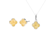 Komplet biżuterii srebrnej z żółtym bursztynem – kolczyki i zawieszka w kształcie kwiatów, elegancki i stylowy