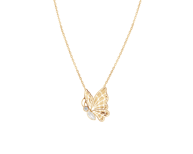 Naszyjnik srebrny kolia pozłacana z motylem wysadzanym białymi cyrkoniami z ażurowymi skrzydełkami