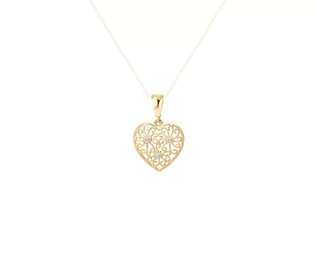 Zawieszka złota do naszyjnika w kształcie serca o ażurowym wzorze ozdobiona cyrkoniami