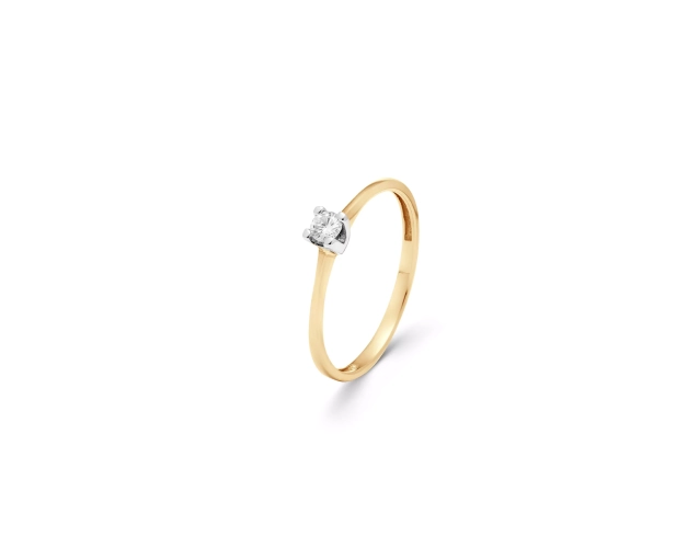Klasyczny pierścionek złoty cienki z białym brylantem w wysokiej oprawie z białego złota