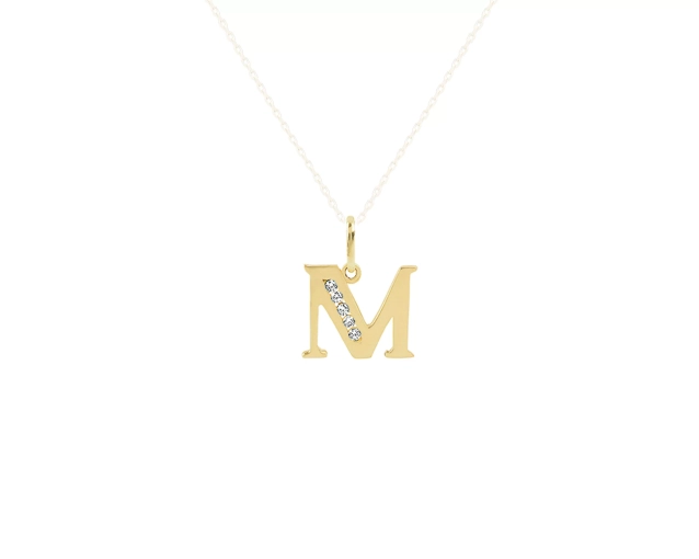 Zawieszka złota do naszyjnika w kształcie litery M ozdobiona cyrkoniami