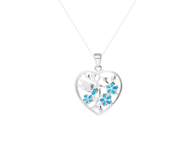 Zawieszka srebrna w kształcie serca z kolibrem i kwiatami z niebieskiego opalu