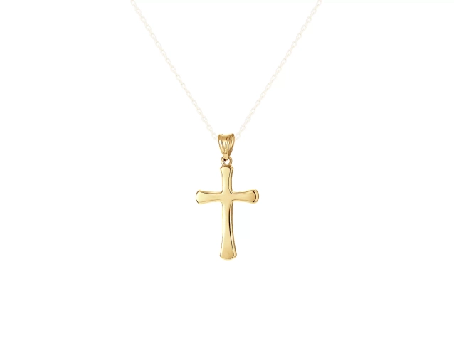 Zawieszka złota w kształcie krzyża o nowoczesnym kształcie i gładkiej błyszczącej powierzchni