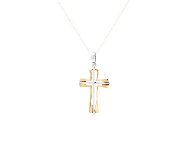 Zawieszka złota dwukolorowa o oryginalnym kształcie niczym złożona z dwóch różnych krzyży