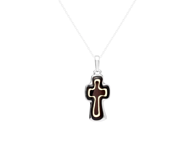 Zawieszka srebrna z bursztynem w kształcie krzyża dwukolorowa z pasiastym wzorem