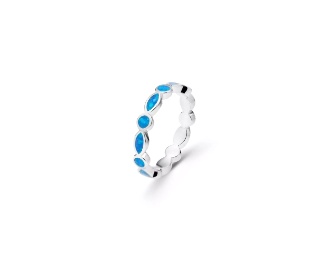 Pierścionek srebrny obrączka w kształcie wianka z błękitnym opalem