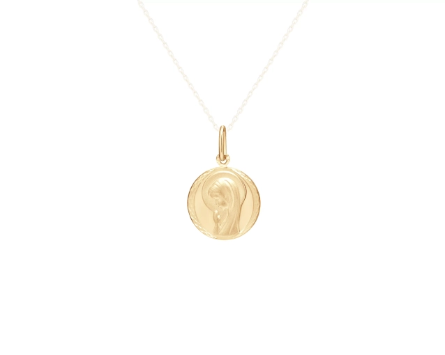 Zawieszka złota medalik komunijny okrągły z wizerunkiem Matki Boskiej