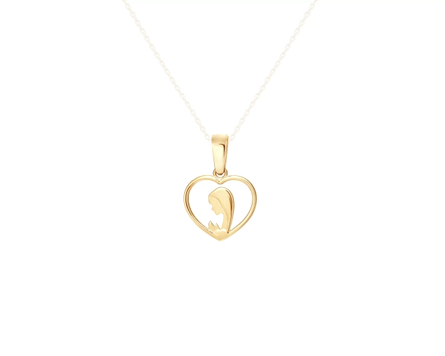 Zawieszka złota medalik w kształcie serca z wizerunkiem Matki Boskiej wewnątrz
