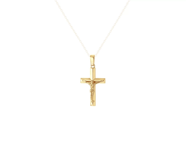 Zawieszka złota w kształcie krzyża z wizerunkiem Jezusa, z krzyżem o trójkątnym profilu