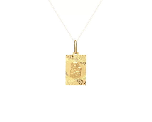 Zawieszka złota medalik komunijny prostokątny z nowoczesnymi zdobieniami i okrągłym wizerunkiem Matki Boskiej