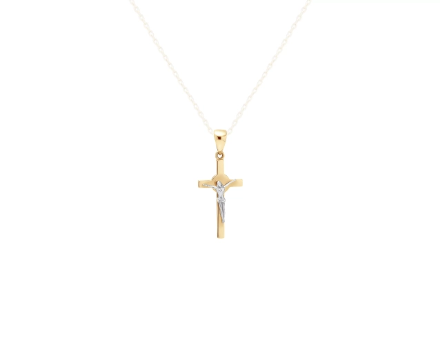 Zawieszka złota dwukolorowa w kształcie krzyża z ukrzyżowanym Jezusem