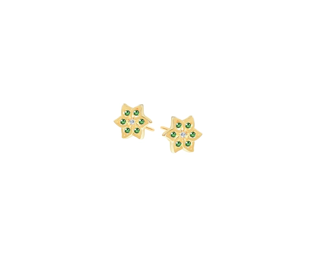 Kolczyki złote punktowe kwiatki z zielonymi i białymi cyrkoniami