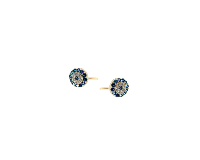 Kolczyki złote punktowe okrągłe z cyrkoniami biało - granatowe