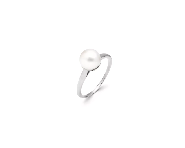 Pierścionek srebrny cienki z dużą okrągłą białą perła