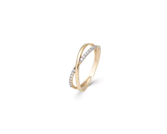 Złoty pierścionek dwie cienkie obrączki skrzyżowane ze sobą, jedna wysadzana na całej długości białymi cyrkoniami