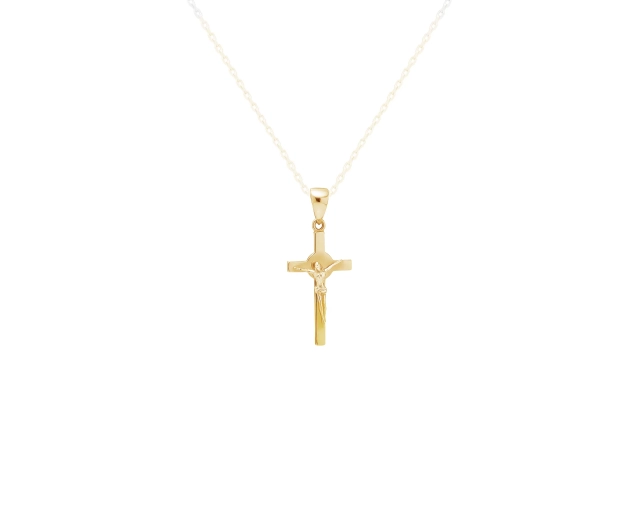 Zawieszka złota w kształcie krzyżyka z ukrzyżowanym Jezusem