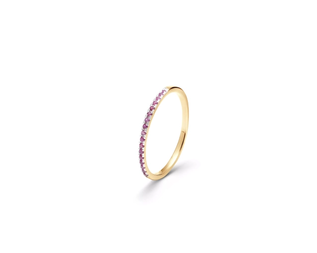 Złoty pierścionek cienki wysadzany na obrączce małymi brylantami i rubinami
