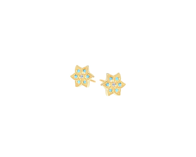 Kolczyki złote punktowe w kształcie kwiatków z białymi i błękitnymi cyrkoniami