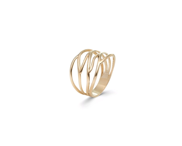 Złoty szeroki pierścionek bezkamieniowy z charakterystycznym wzorem