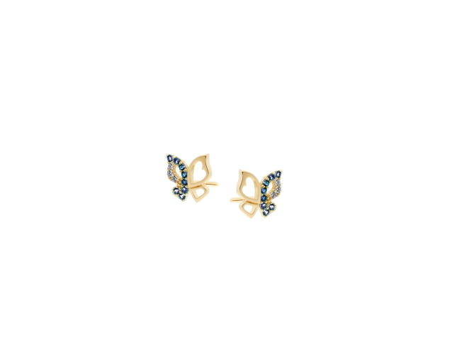 Kolczyki złote punktowe motyle z granatowymi i białymi przezroczystymi cyrkoniami