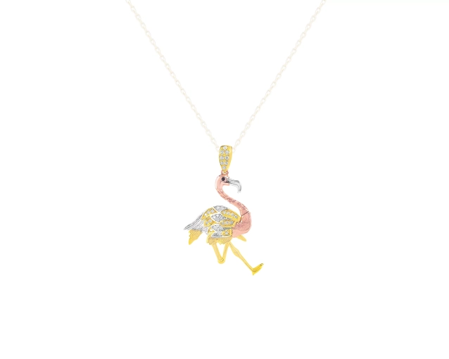 Zawieszka z trzech kolorów złota w kształcie flaminga z cyrkoniami 5 cm