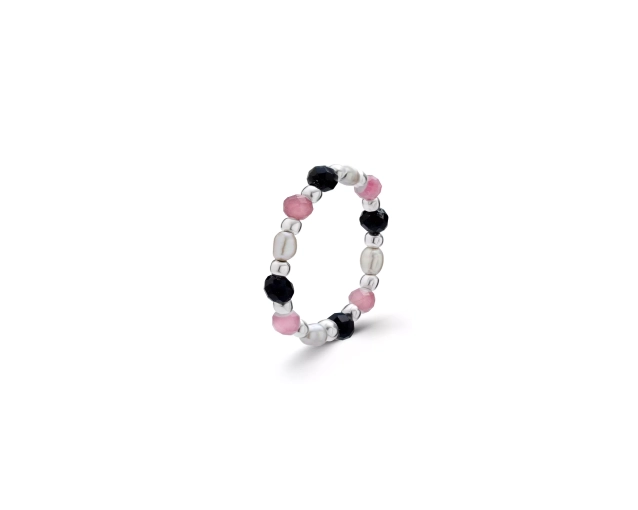 Pierścionek elastyczny ze srebrnymi kulkami, szarymi perłami i kamieniem naturalnym w kolorze czarnym i różowym