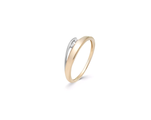 Złoty pierścionek ze zdobieniem w kształcie listka z białego złota, z cyrkonią białą w środku