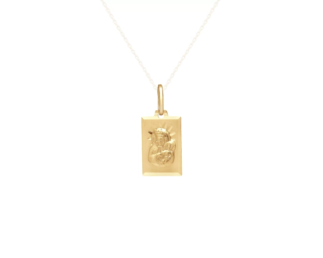 Zawieszka złota prostokątna nowoczesna medalik komunijny z wizerunkiem Matki Boskiej