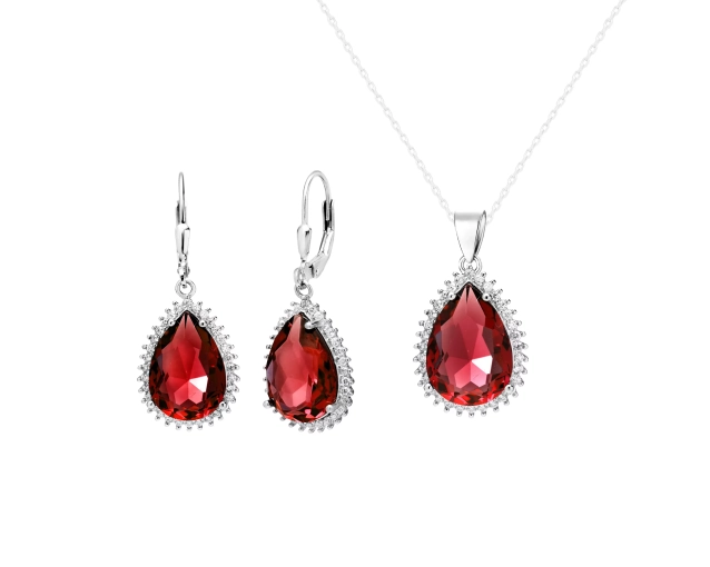 Komplet biżuterii srebrnej z czerwonymi i białymi cyrkoniami