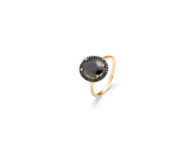 Złoty pierścionek z czarnym kamieniem i czarnymi cyrkoniami