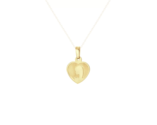 Zawieszka złota medalik komunijny pełny w kształcie serca z wizerunkiem Matki Boskiej