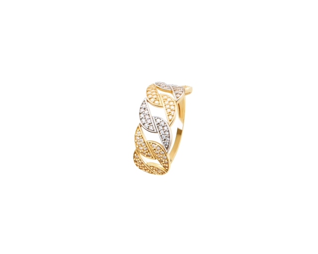 Złoty pierścionek ze splotem dwukolorowy z białymi cyrkoniami szeroki