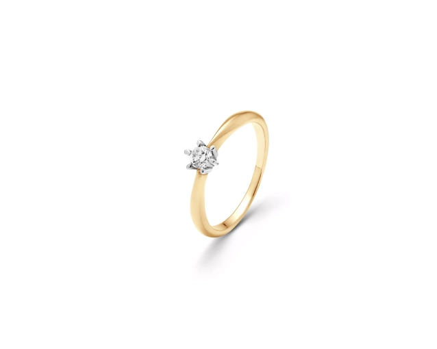 Złoty pierścionek zaręczynowy z małym brylantem w oprawie w kształcie gwiazdy