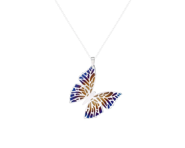 Zawieszka srebrna motyl z niebiesko-brązowym wypełnieniem z tytanu na skrzydełkach