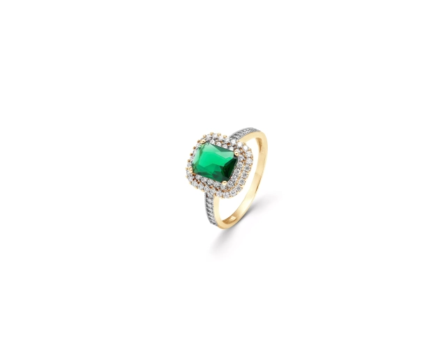 Złoty pierścionek z zielonym kamieniem i białymi cyrkoniami