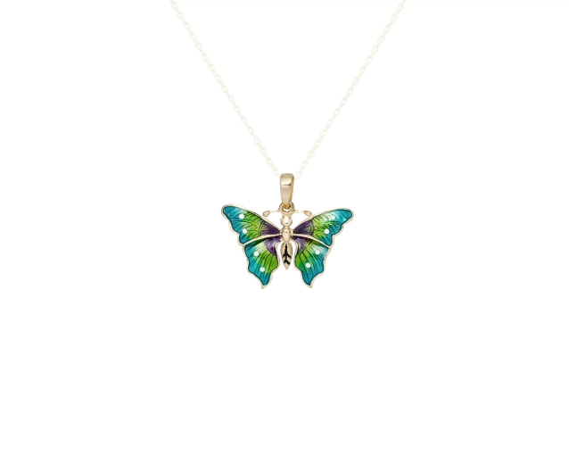 Złota zawieszka motyl emaliowany niebiesko-zielono-fioletowy