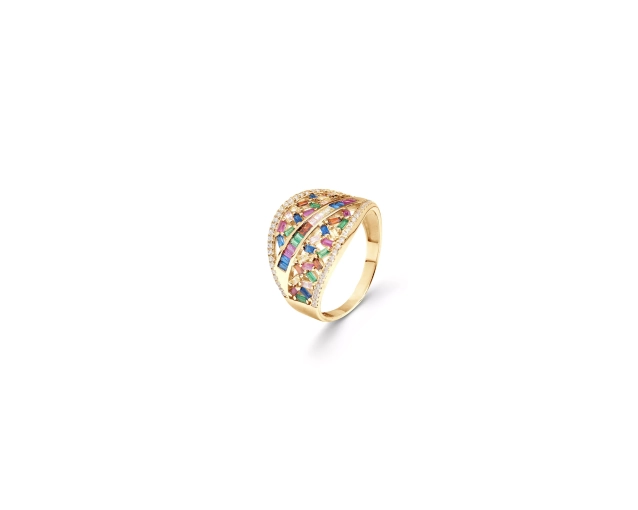 Złoty pierścionek wysadzany białymi i kolorowymi cyrkoniami