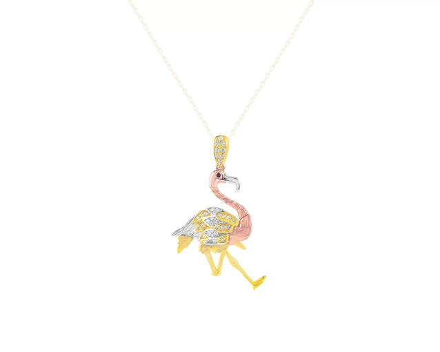 Zawieszka z trzech kolorów złota w kształcie flaminga z cyrkoniami
