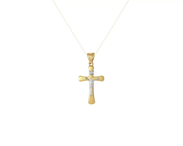 Zawieszka złota w kształcie krzyża z Panem Jezusem i tabliczką INRI