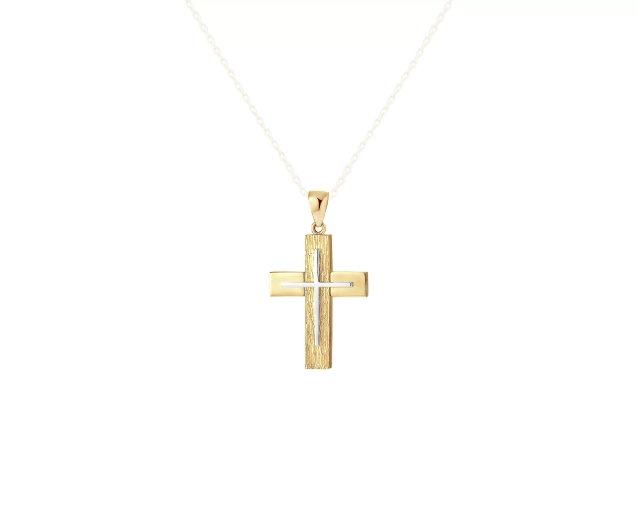 Zawieszka złota nowoczesna w kształcie krzyża ze wzorem przypominającym strukturę drewna