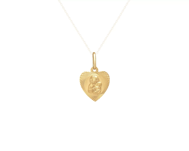 Zawieszka złota medalik komunijny w kształcie serca z nowoczesnym zdobieniem i wizerunkiem Matki Boskiej