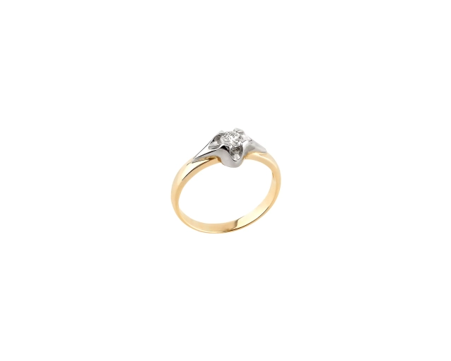 Złoty pierścionek żółty z brylantem w romantycznej wysokiej oprawie z białego złota