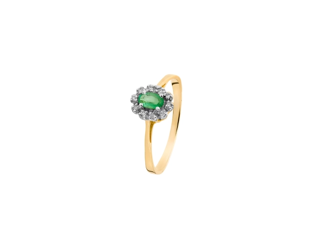 Złoty pierścionek z owalnym kamieniem szlachetnym - zielony szmaragd otoczonym okrągłymi brylantami