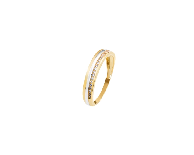 Złoty pierścionek obrączka z dwóch kolorów złota z cyrkoniami