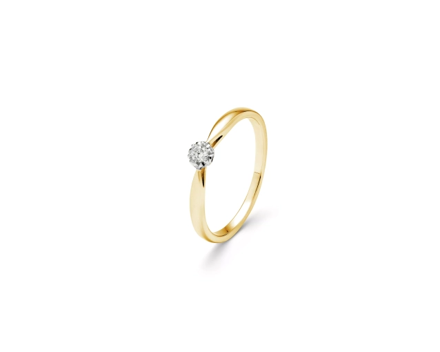 Złoty pierścionek cienki z oczkiem z brylantu w wysokiej oprawie koszyczkowej z białego złota, klasyczny