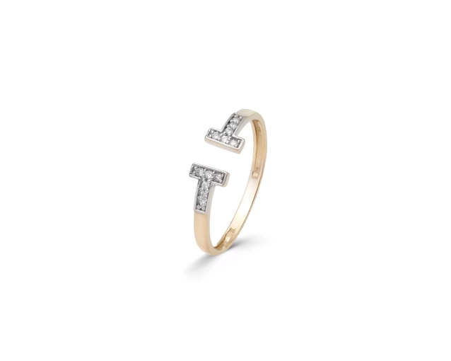 Złoty pierścionek dwukolorowy otwarty ze zdobieniem w kształcie dwóch liter T zdobionych białymi cyrkoniami