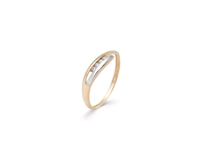 Złoty dwukolorowy pierścionek z rozgałęzieniem i czterema białymi cyrkoniami