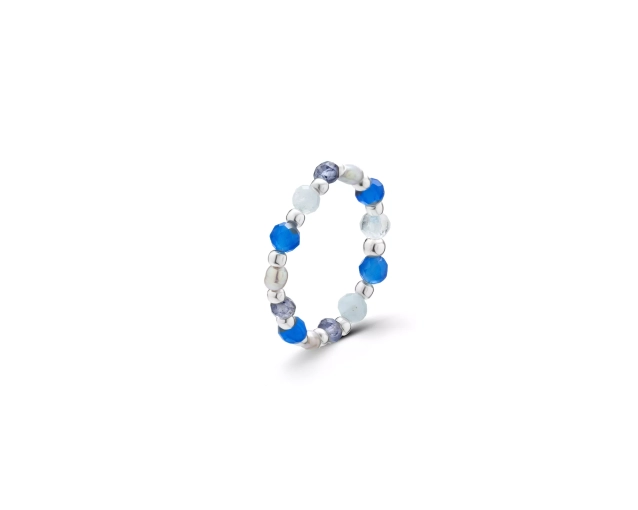 Pierścionek elastyczny ze srebrnymi kulkami, szarymi perłami i koralikami z kamienia w kolorze szarym, błękitnym i fioletowym