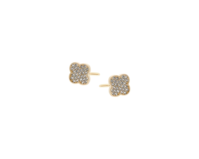 Kolczyki złote punktowe w kształcie koniczynki wypełnione białymi cyrkoniami