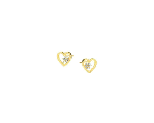 Kolczyki złote punktowe w kształcie serca z gwiazdką wewnątrz wysadzaną cyrkonami
